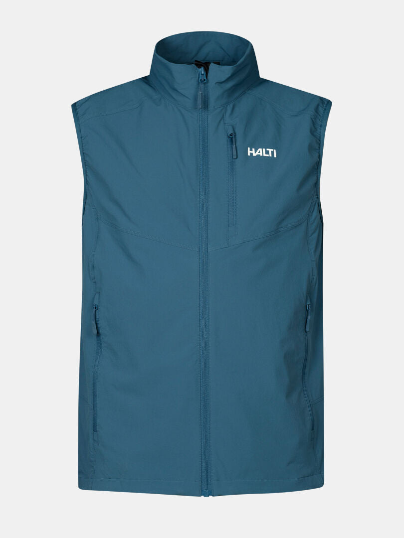 Halti Pallas Evo X-stretch Väst Herr-ärmlös, blå, dragkedja med stretchmaterial, fickor med dragkedja, logotyp på bröstet.