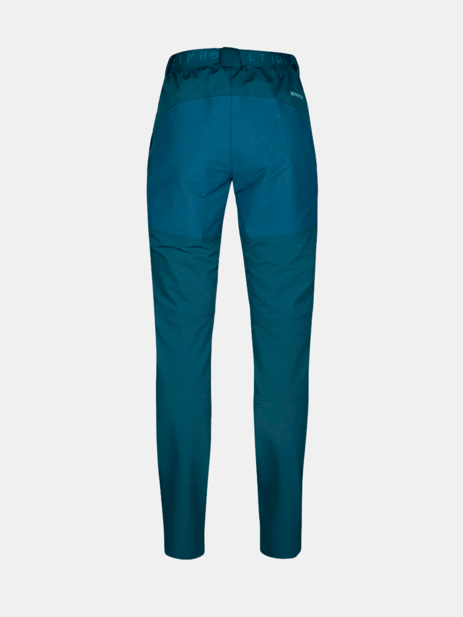 Baksidan av den blågrön Halti Pallas III Plus Warm X-stretch Outdoor Byxor Dam med mörkare midjeband, enfärgad bakgrund.