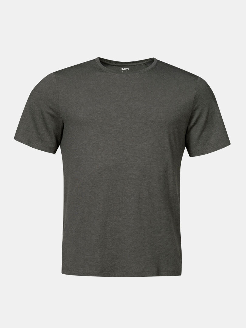 Halti Tuntu II Merino T-skjorta Herr, mörkgrå kortärmad t-shirt med rund halsringning för friluftsliv, på vit bakgrund.