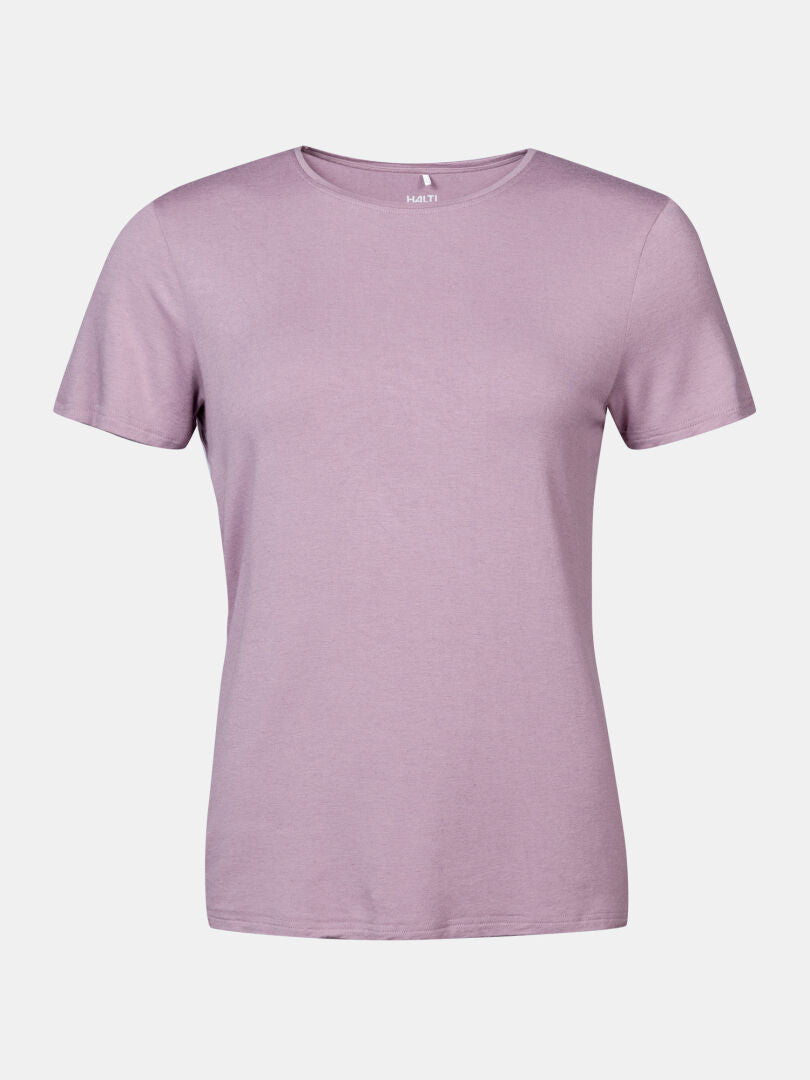 Halti Tuntu II Merino T-skjorta Dam, en lavendelfärgad t-shirt med rund halsringning, visas på en vit bakgrund.