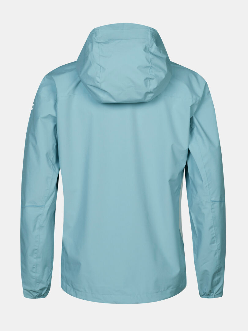 En ljusblå Halti Pisarat 2,5L DX Skaljacka Dam med huv, fotograferad bakifrån mot en vit bakgrund.