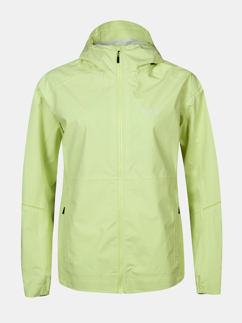 Halti Pisarat 2,5L DX Skaljacka Dam i ljusgrönt med huva, dragkedja fram och två sidofickor visas på enfärgad bakgrund.