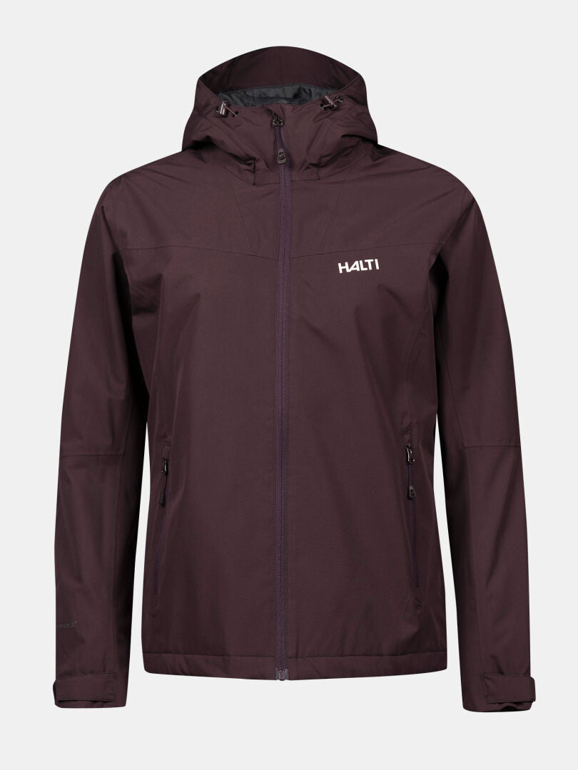 En mörklila Halti Forter DX Warm Skaljacka Dam med huva, dragkedja fram, två fickor och Microtherm Dynamic-isolering.