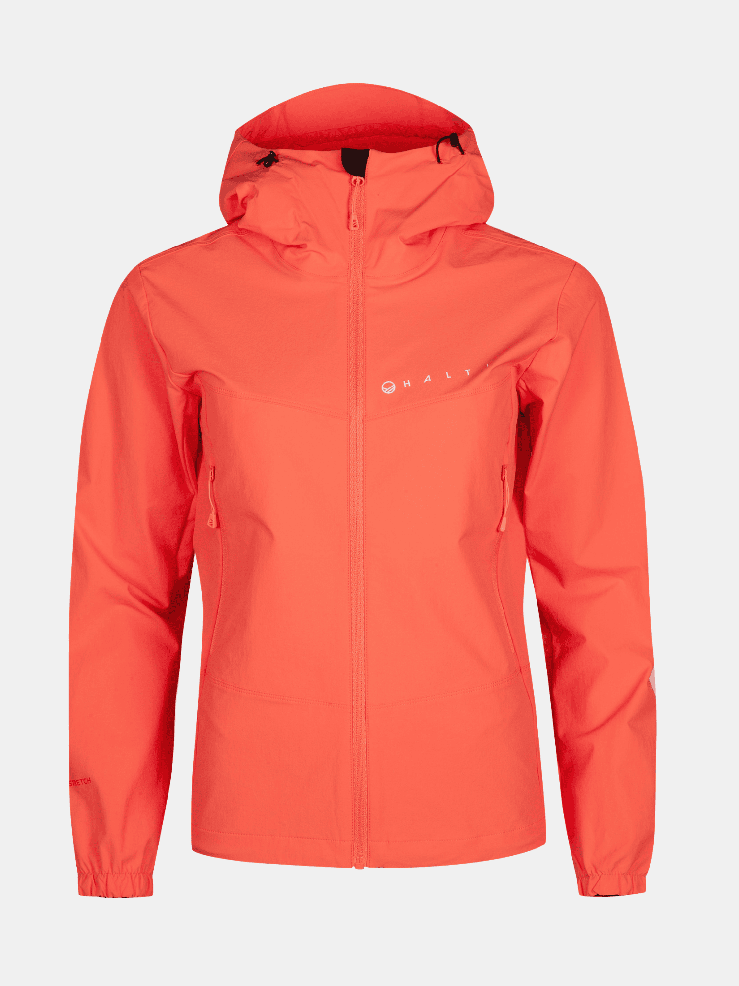 Halti Pallas Evo X-stretch Jacka Plus Dam: klarorange, dragkedja fram, två sidfickor, vit bröstlogotyp.