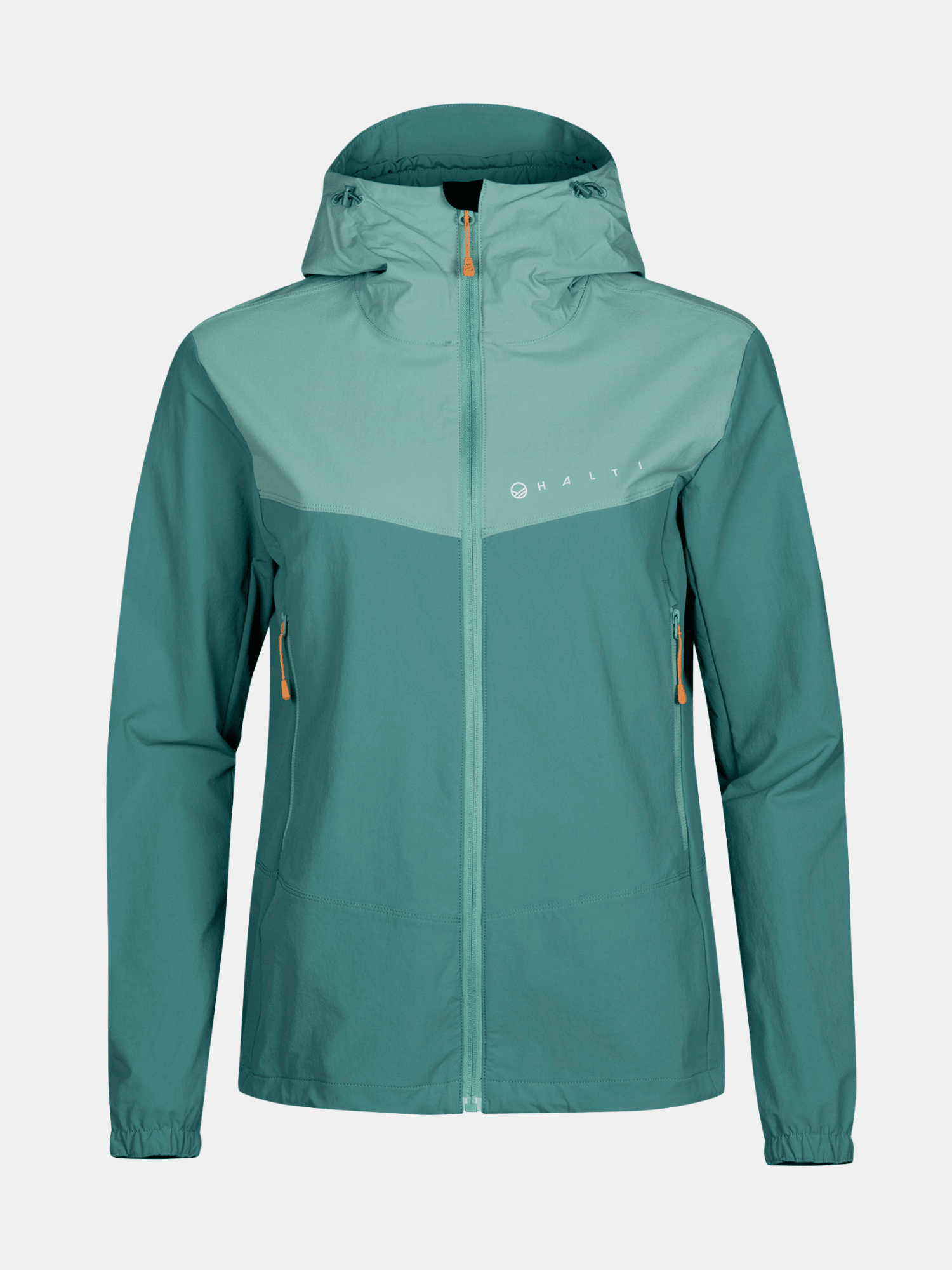 Halti Pallas Evo X-stretch Jacka Plus Dam är en blågrön/ljusgrön damjacka med huva, dragkedja fram och logotyp på bröstet.
