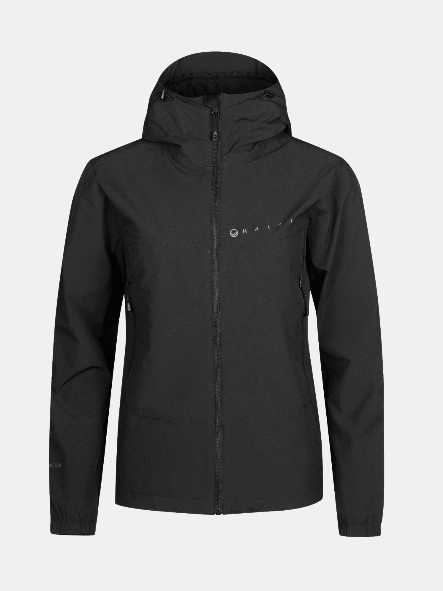 Halti Pallas Evo X-stretch Jacka Plus Dam: svart damjacka i plusstorlek med huva, dragkedja fram och sidofickor.