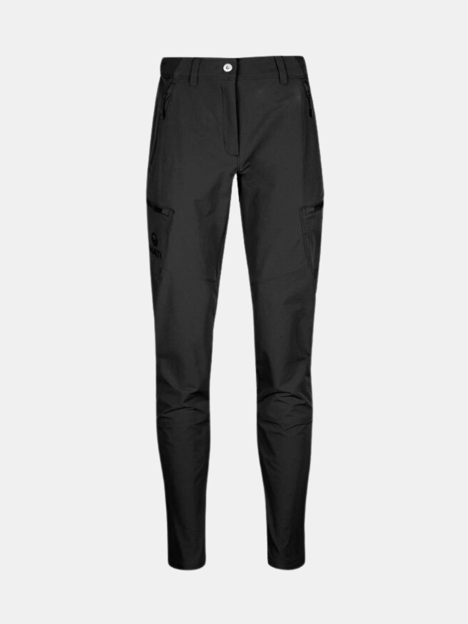 Halti Pallas Evo Brushed X-stretch Byxor Plus Dam, svarta cargobyxor med fram- och sidofickor mot vit bakgrund.