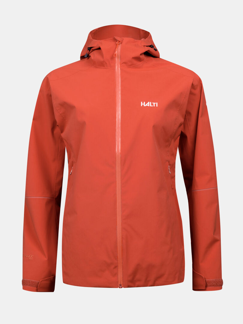 Orange Halti Forter DX Warm Skaljacka Dam Plus med hel dragkedja och fickor med dragkedja mot en enfärgad bakgrund.