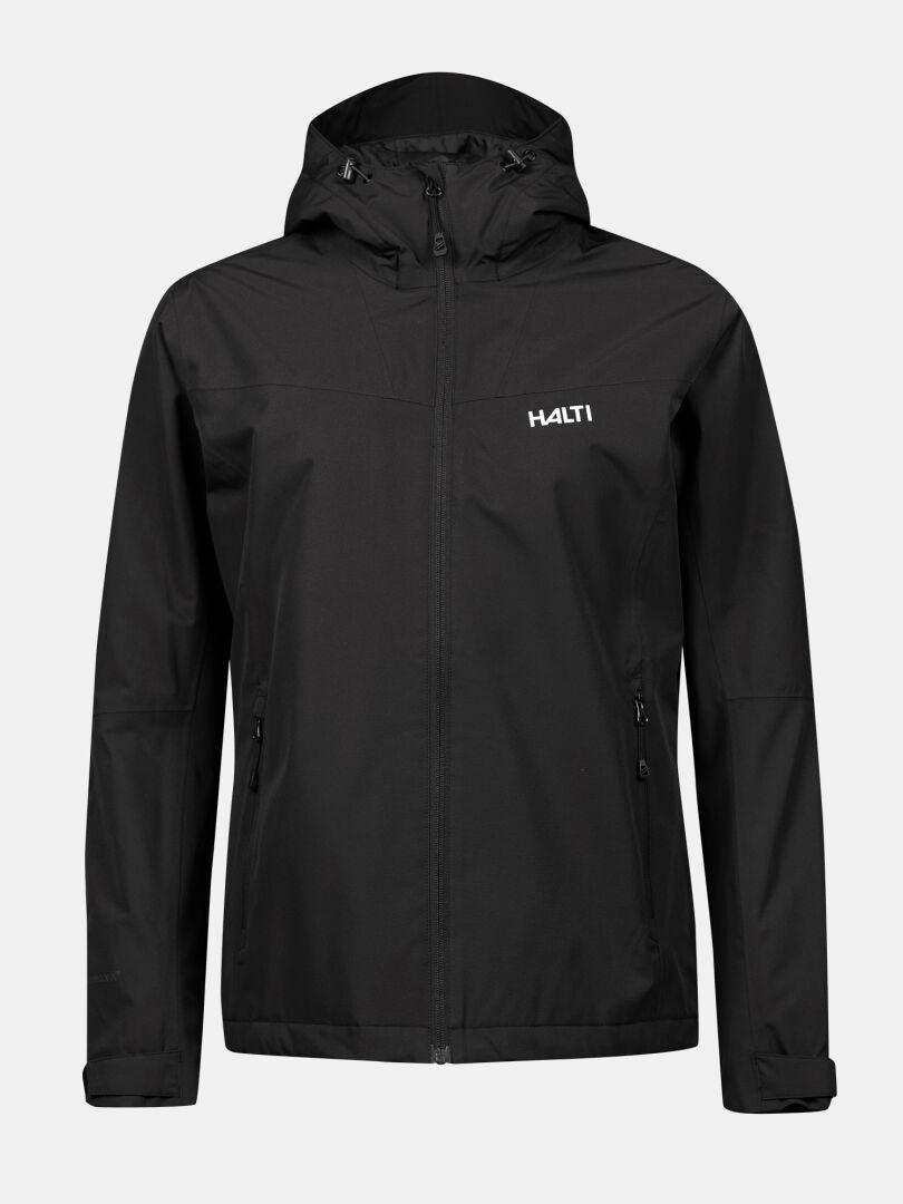 Halti Forter DX Warm Skaljacka Dam Plus är en svart vattentät jacka med huva, dragkedja fram, fickor och logotyp.