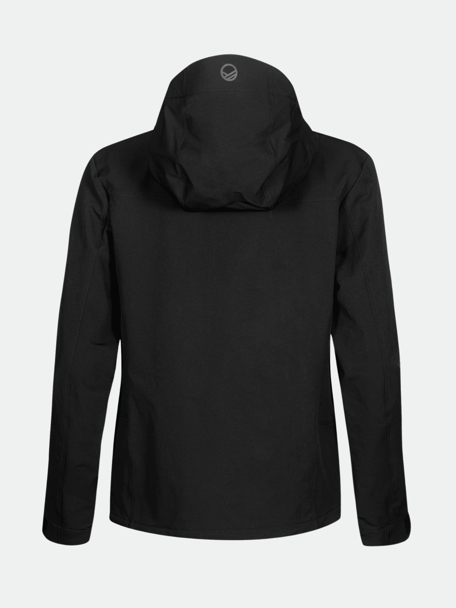 Halti Pallas Evo Brushed X-stretch Jacka Dam är svart, långärmad, med en liten logotyp på den övre huvan, bakifrån.