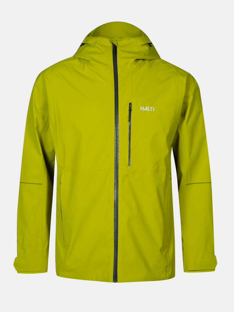 Halti Staala DX Skaljacka Herr är en gulgrön skaljacka med dragkedja fram, bröstficka och logotyp på vänster bröst.