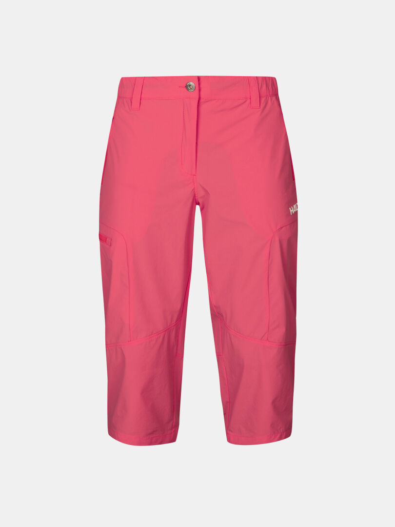 Halti Pallas Cool X-stretch Capribyxor Dam: ljusrosa, knälång, med bälteshällor, UPF 90+ och många fickor.
