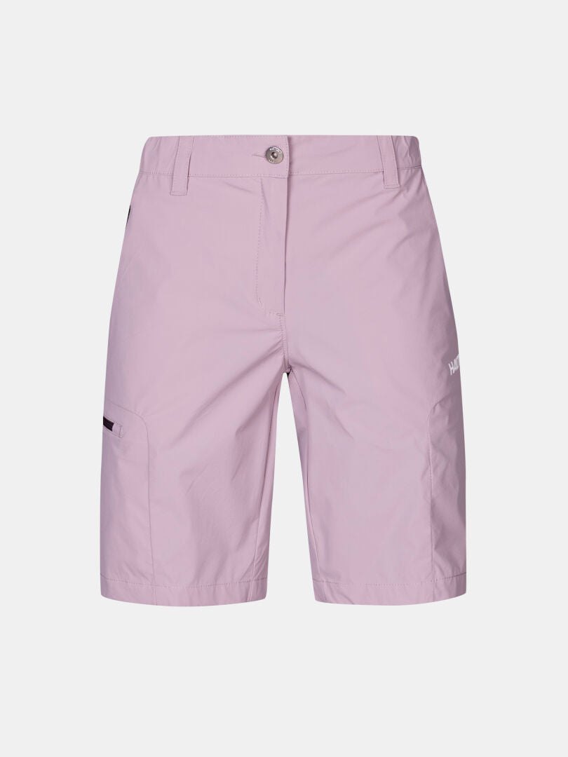 Halti Pallas Cool Shorts Dam: Ljuslila stretch-shorts med bälteshällor, knappstängning och sidoficka - perfekta för friluftsliv.