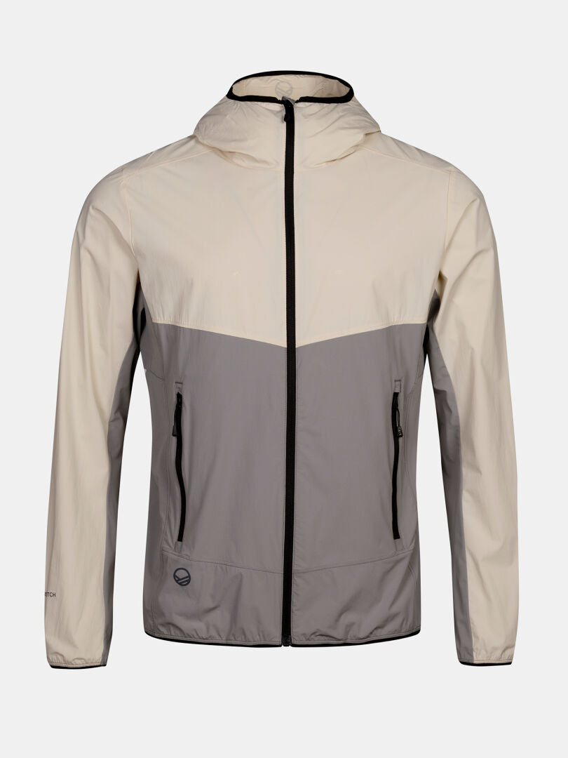 Halti Pallas Cool X-stretch Jacka Herr: Cream/grå, svarta dragkedjor, huva, snabbtorkande egenskaper.