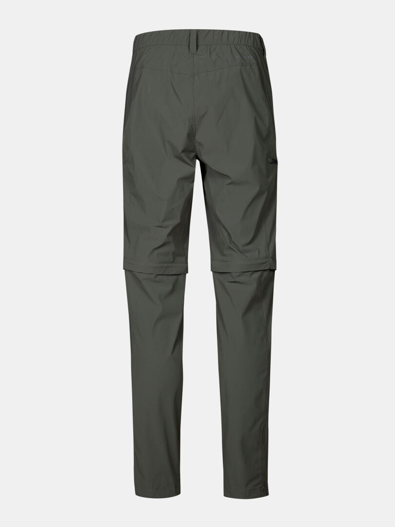 Bakvy av Halti Pallas Cool Stretch Zip-off byxor herr, mörkgrå, med elastisk midja och raka ben mot vit bakgrund.