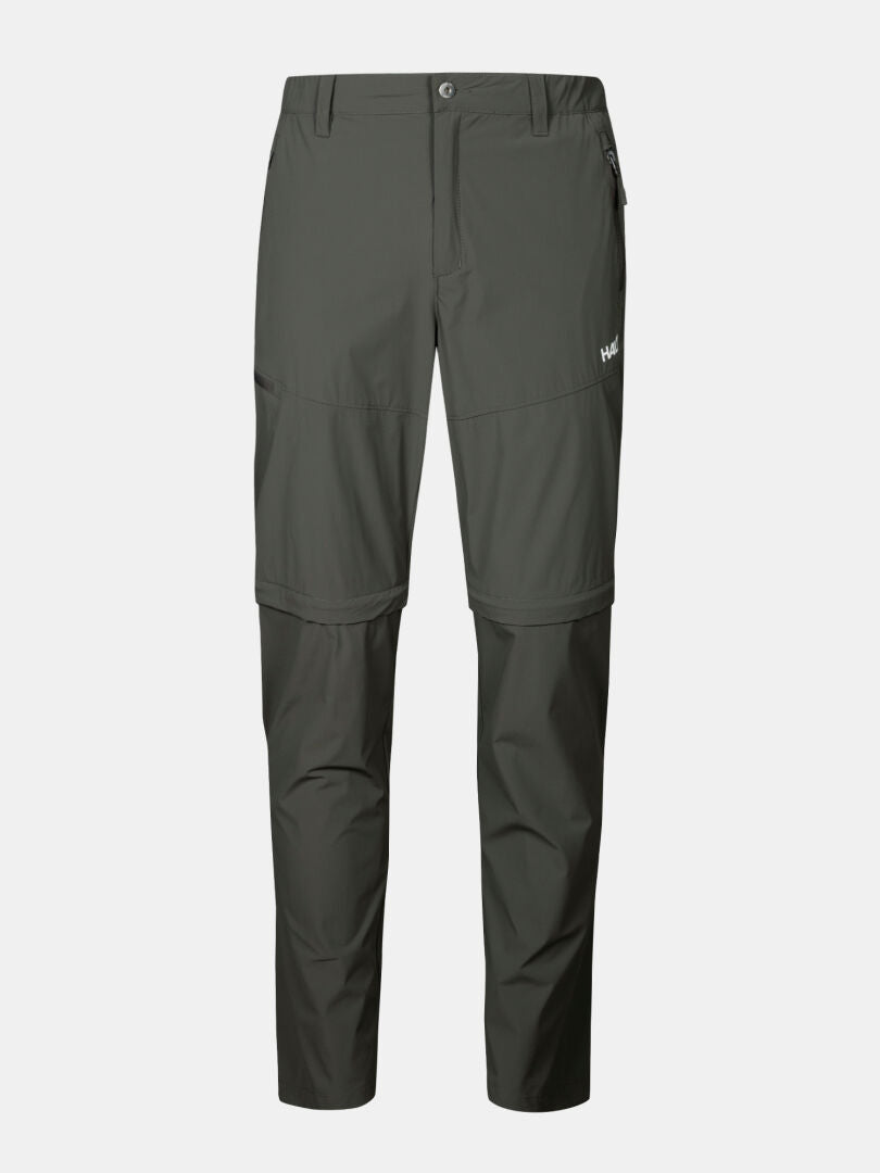Halti Pallas Cool Stretch Zip-off Byxor Herr i mörkgrått med bälteshällor, dragkedja fram, UPF 90+ och logo på låret.