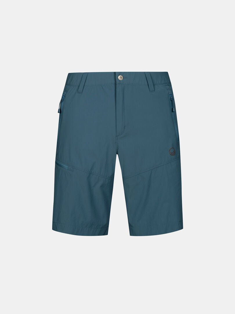 Halti Pallas Cool X-stretch Shorts Herr i blått, knälånga, UPF 90+, dragkedjefickor, knappknäppning på vit bakgrund.