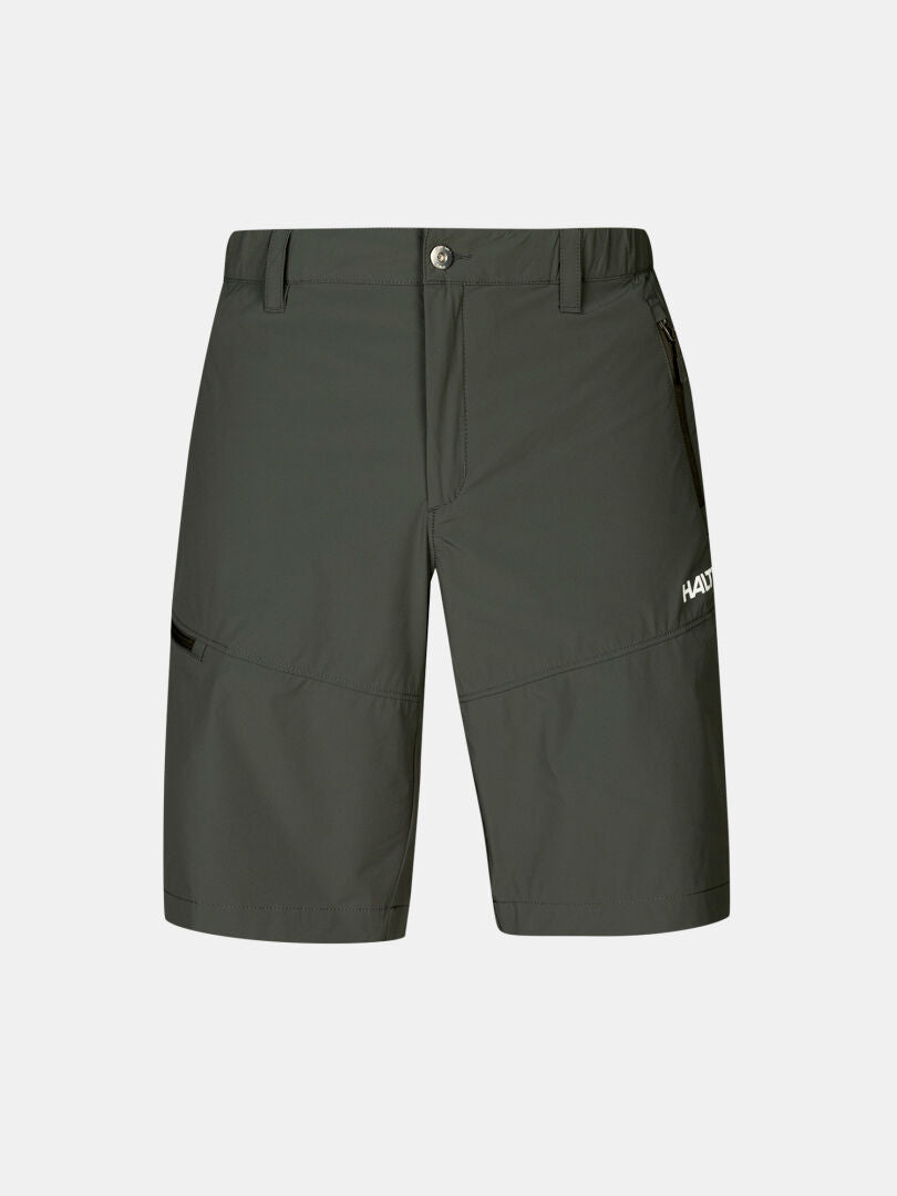Halti Pallas Cool X-stretch Shorts Herr: mörkgrå, snabbtorkande, bälteshällor, knappstängning, liten logo på benet.