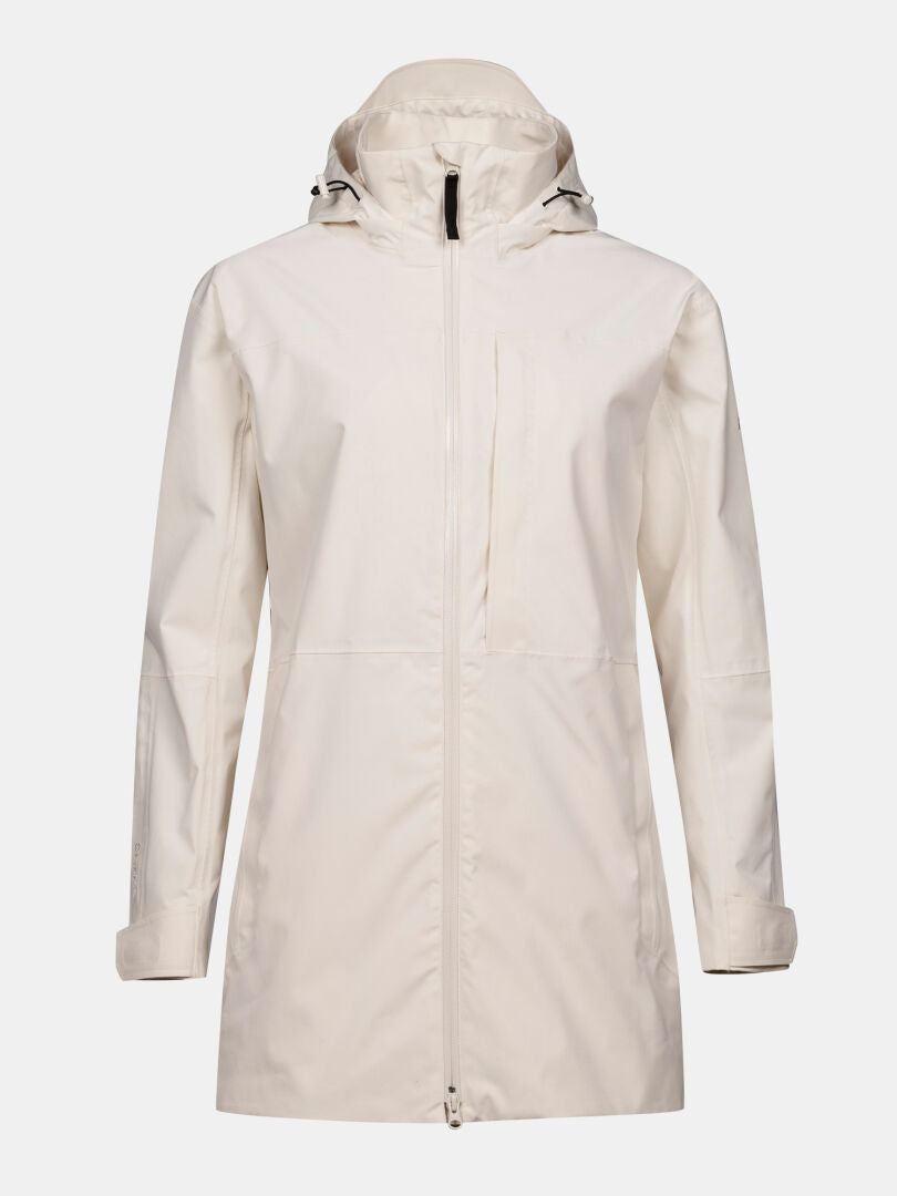 Halti Kallas DX Parka Plus Dam: krämfärgad, vattentät, med DrymaxX®, huva, dragkedja fram och justerbara ärmslut.
