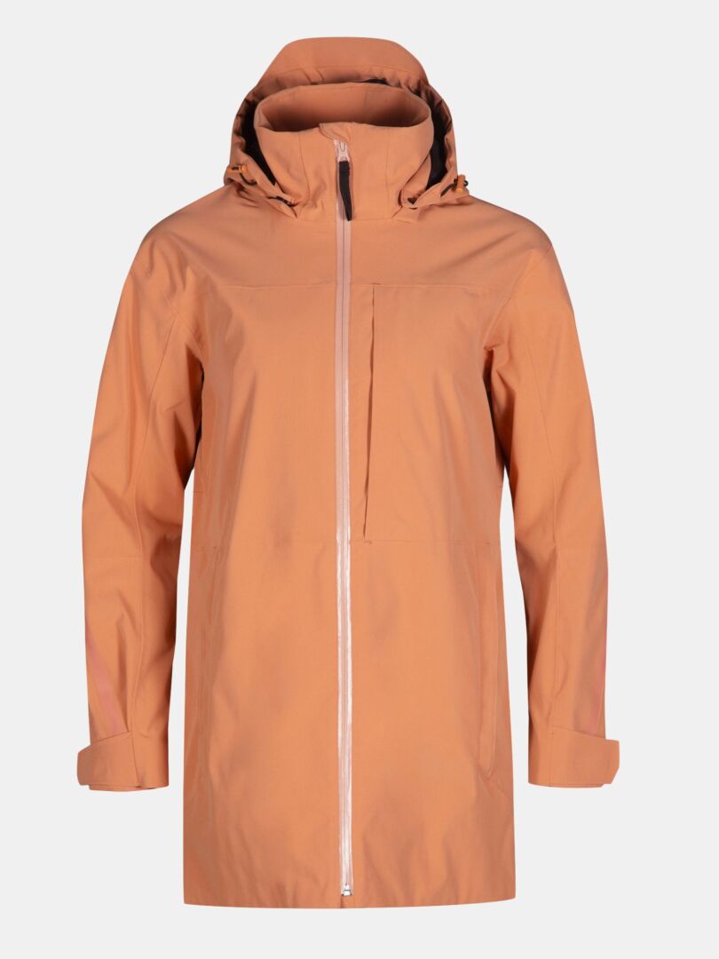 Halti Kallas DX Parka Plus Dam är en ljusbrun, vattentät parkas med långa ärmar och dragkedja fram.