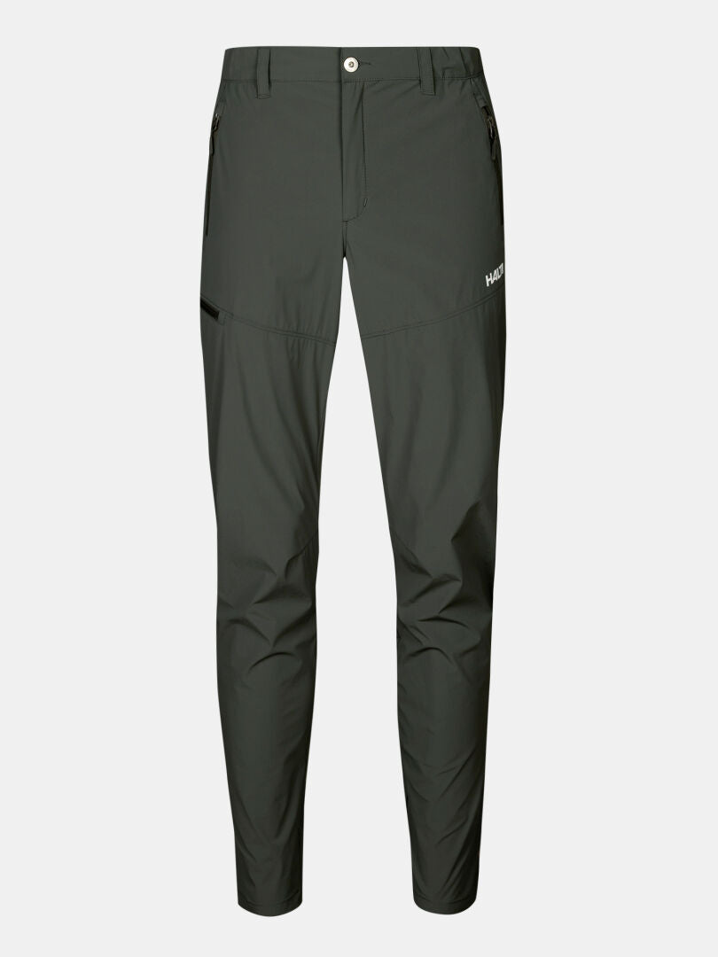 Halti Pallas Cool X-stretch Byxor Herr: mörkgrön, rak passform, fickor med dragkedja, UPF 90+, vit logo på vänster lår.