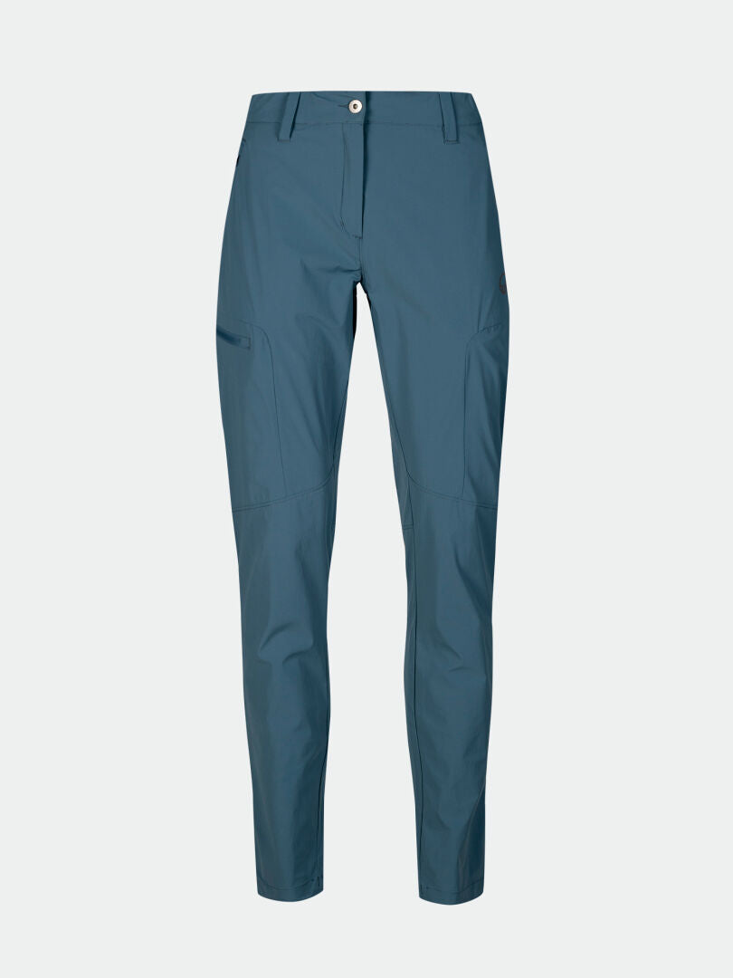 Halti Pallas Cool X-stretch byxor dam: blå, slim fit, fram- och sidfickor, knappstängning, PFC-fri DWR-behandling.