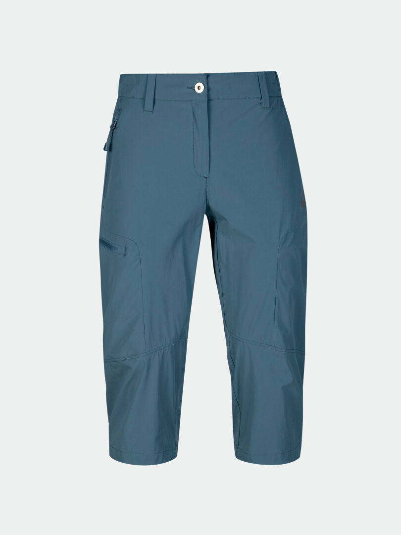 Halti Pallas Cool X-stretch Capribyxor Dam Plus: blå, UPF 90+, knapp/dragkedja, fram- och sidofickor.