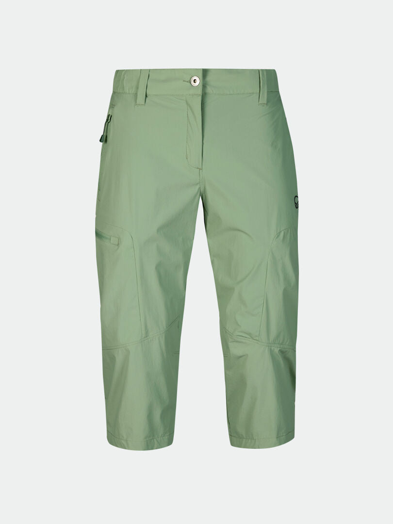 Halti Pallas Cool X-stretch Capribyxor Dam Plus: ljusgrön, knälång, UPF 90+, gylf med knapp/dragkedja, flerfickor.