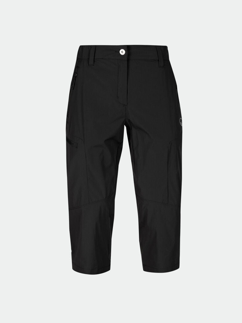 Halti Pallas Cool X-stretch capribyxor dam plus: svart, UPF 90+, hällor, sidoficka med dragkedja, logga vänster ben.