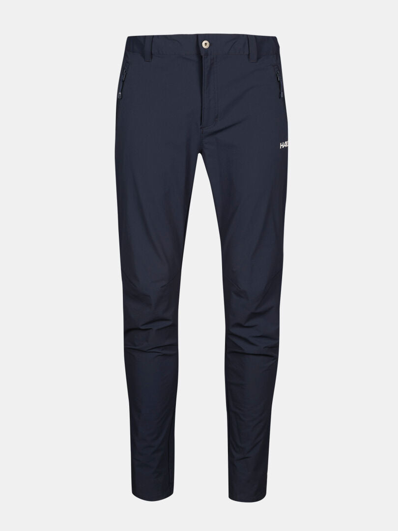 Halti Finholma X-stretch Byxor Herr: marinblå, stretch, knappstängning, sidofickor med dragkedja, vit logo på låret.