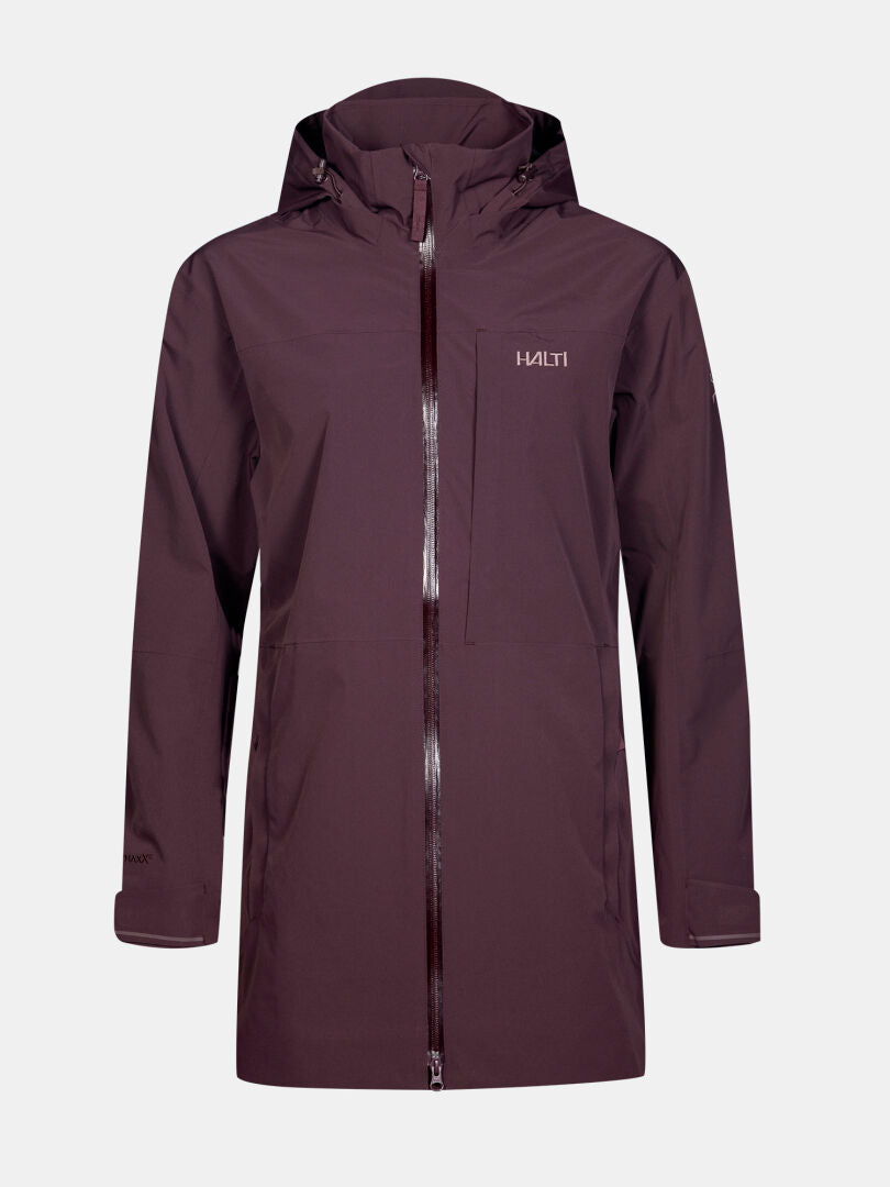Halti Valaja DX Parka Dam Plus är en lång rödbrun parkas med huva och hel dragkedja - perfekt för utomhusbruk.
