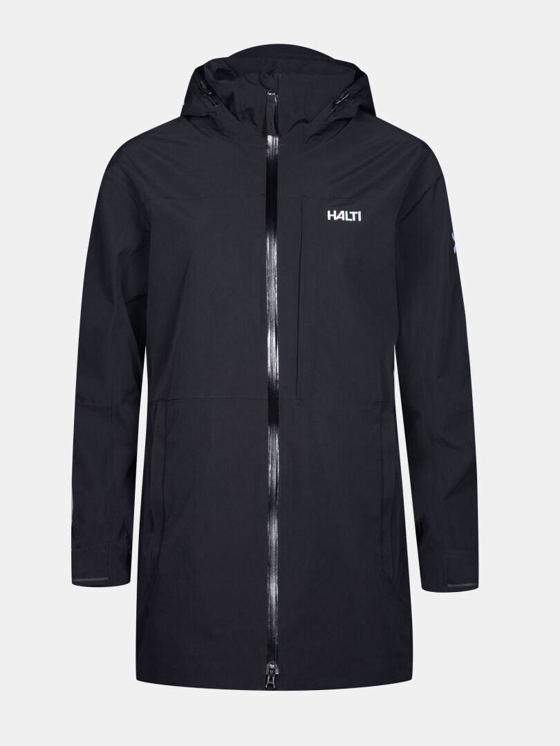 En Halti Valaja DX Parka Dam Plus svart regnjacka med dragkedja fram, mot en vit bakgrund.