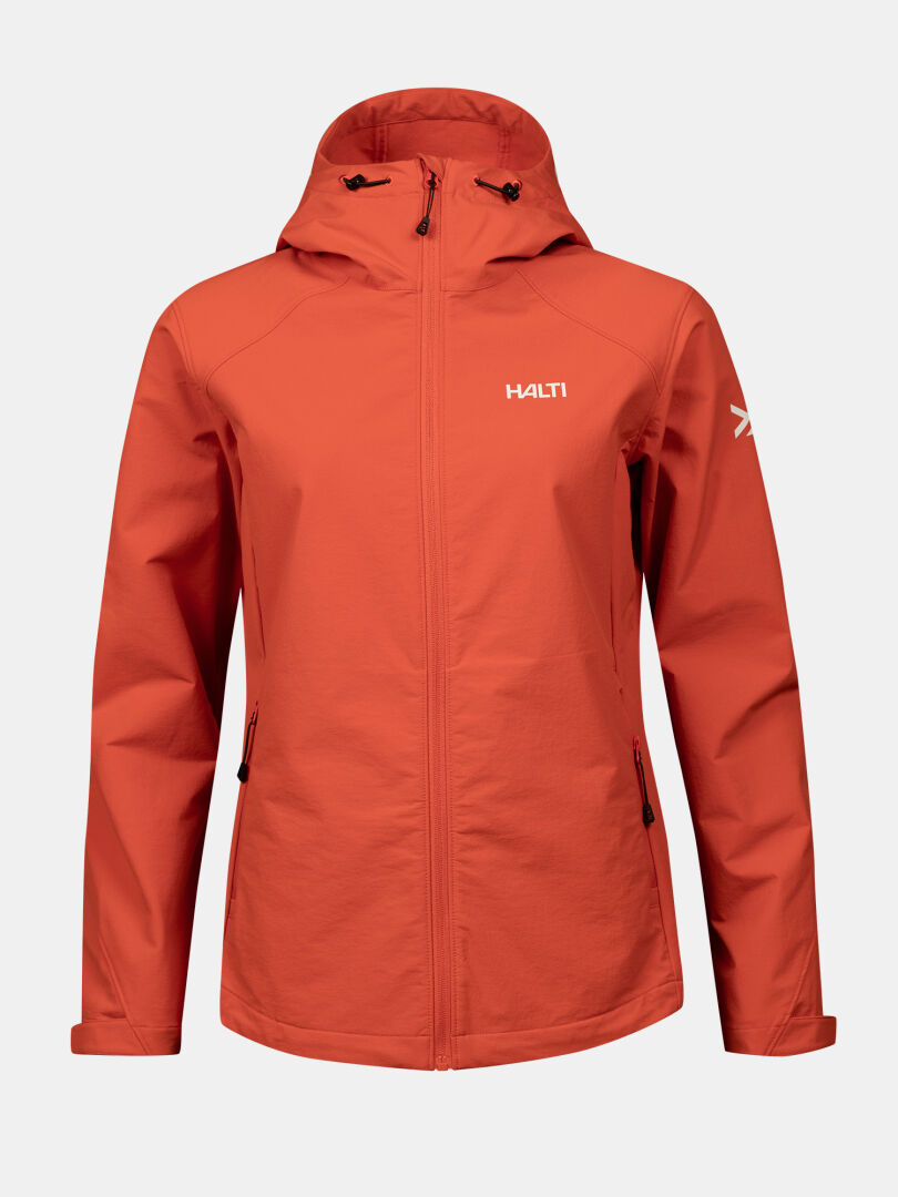 Halti Finholma X-stretch Jacka Dam Plus är en ljusorange jacka med dragkedja fram, två fickor och logotyp på bröstet.
