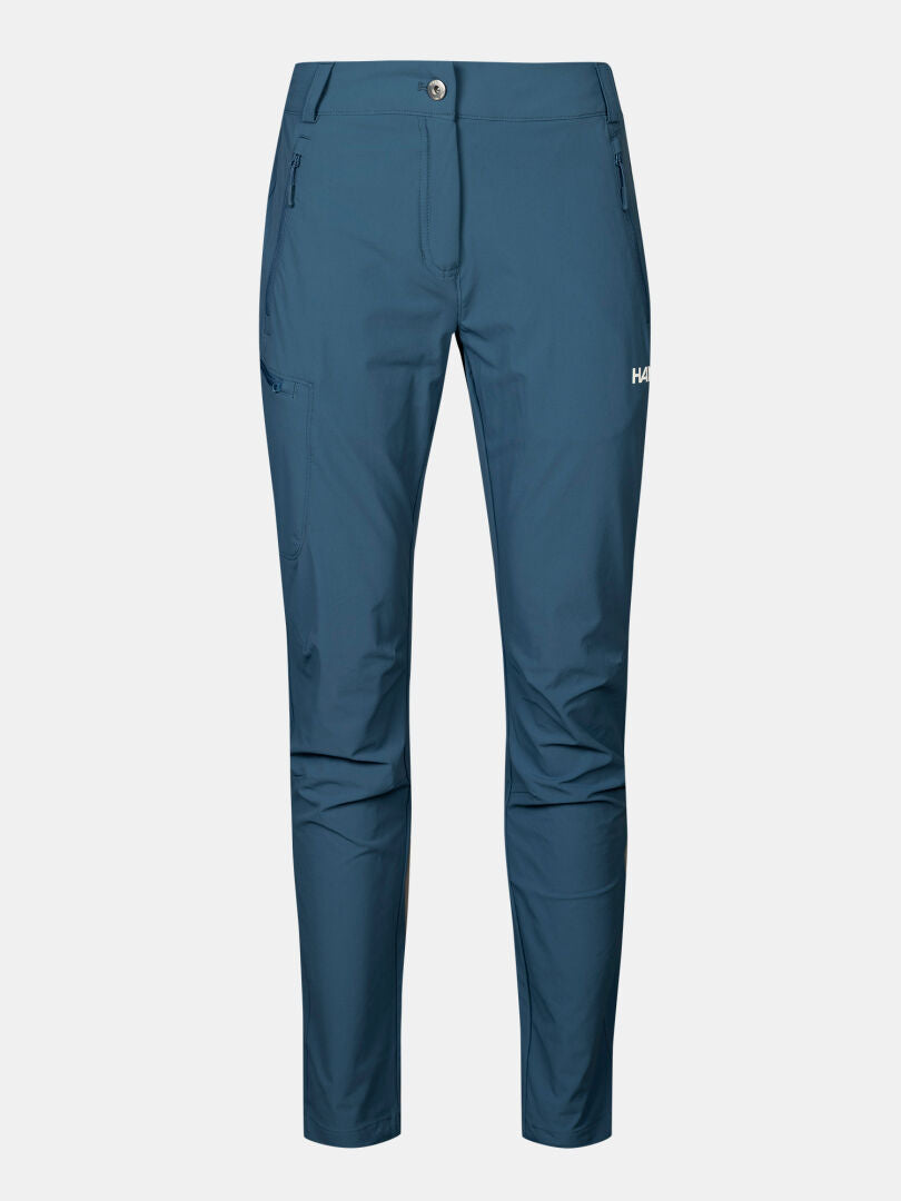 Halti Pallas X-stretch Outdoor Byxor Dam - blå, slim-fit, slitstark, X-stretch tyg, fickor, gylf med dragkedja och knappstängning.