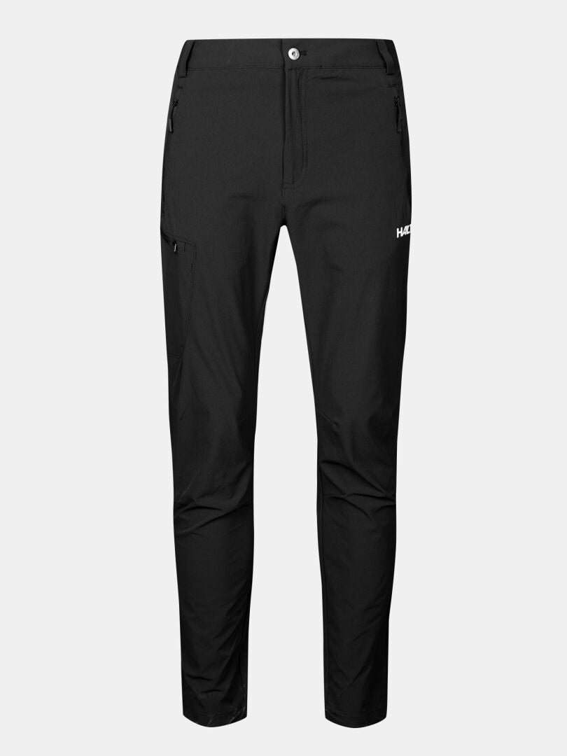 Halti Pallas X-stretch Outdoor Byxor Herr, svart, slim-fit med dragkedjeförsedda fickor, knappstängning och logotyp på vänster lår.