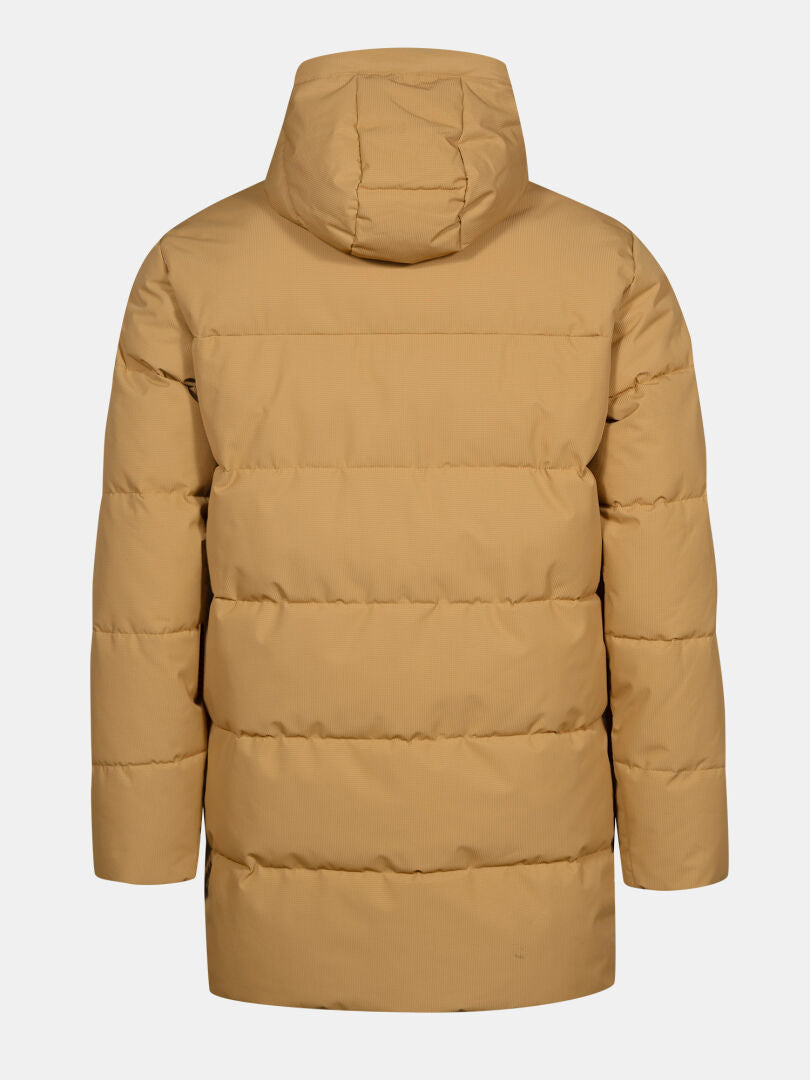 Halti Linjat Parka Jacka Herr i beige, med huva, sedd bakifrån mot en vit bakgrund.