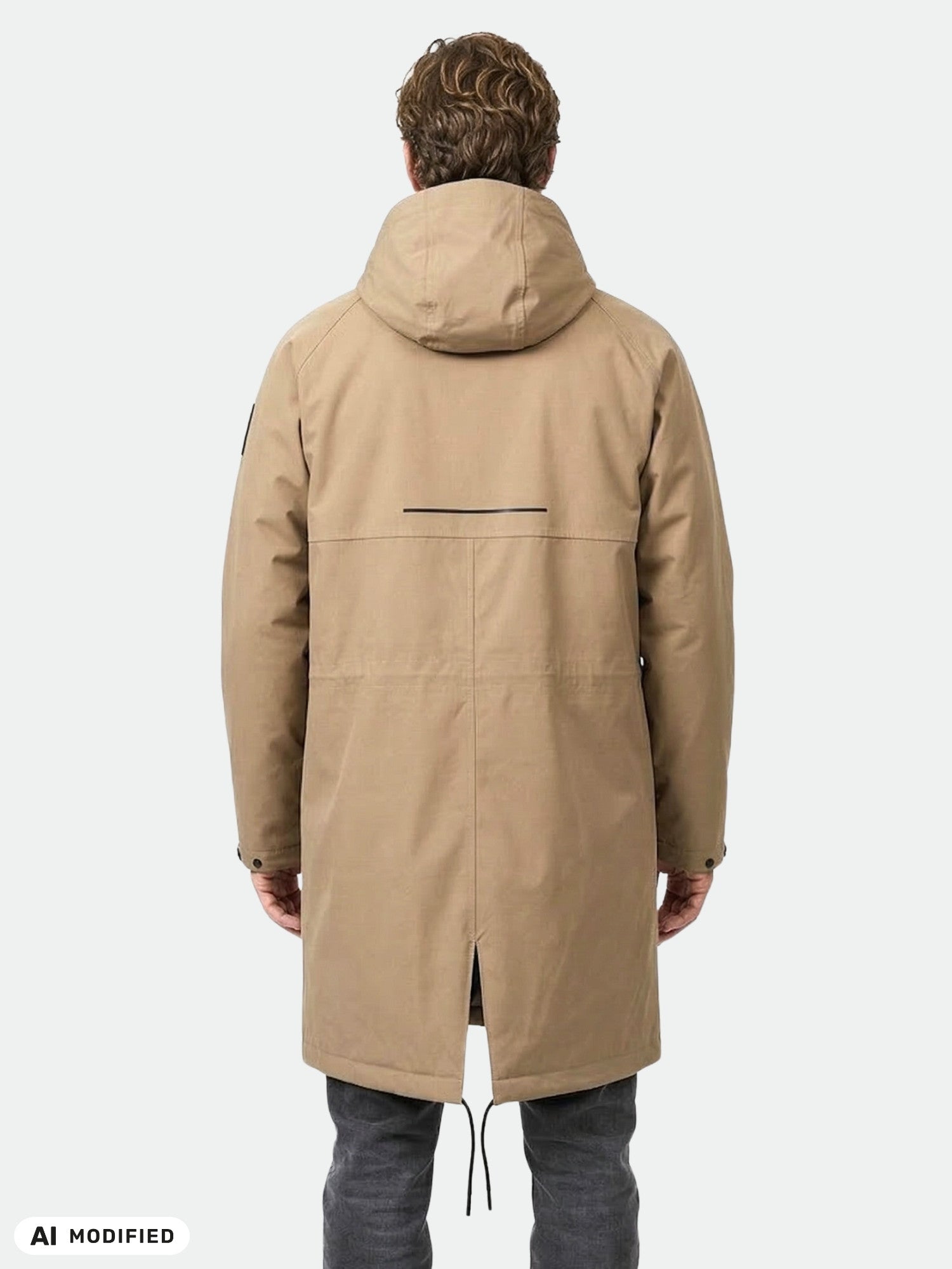 En person bär Halti Flemari DX Unisex Parka, som är vind- och vattentät, fotograferad bakifrån mot en vit bakgrund.