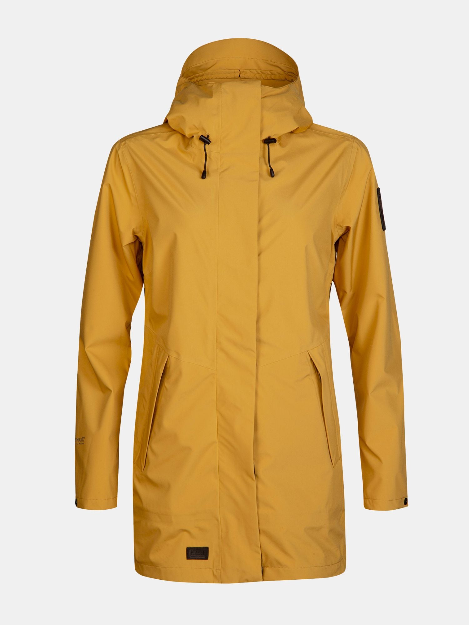 En gul Halti Kurvi DrymaxX 3L Parka Jacka Dam med framfickor och dragkedja, visad mot en vit bakgrund.
