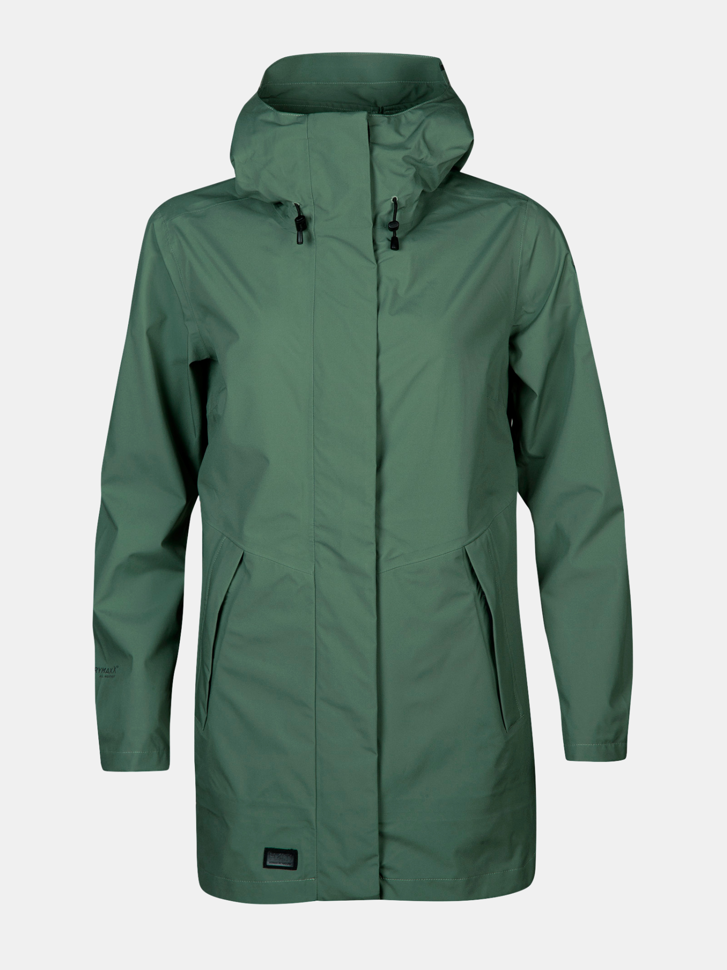 Halti Kurvi DrymaxX 3L Parka Jacka Dam – lång grön regnjacka med huva, dragkedja fram och fickor.