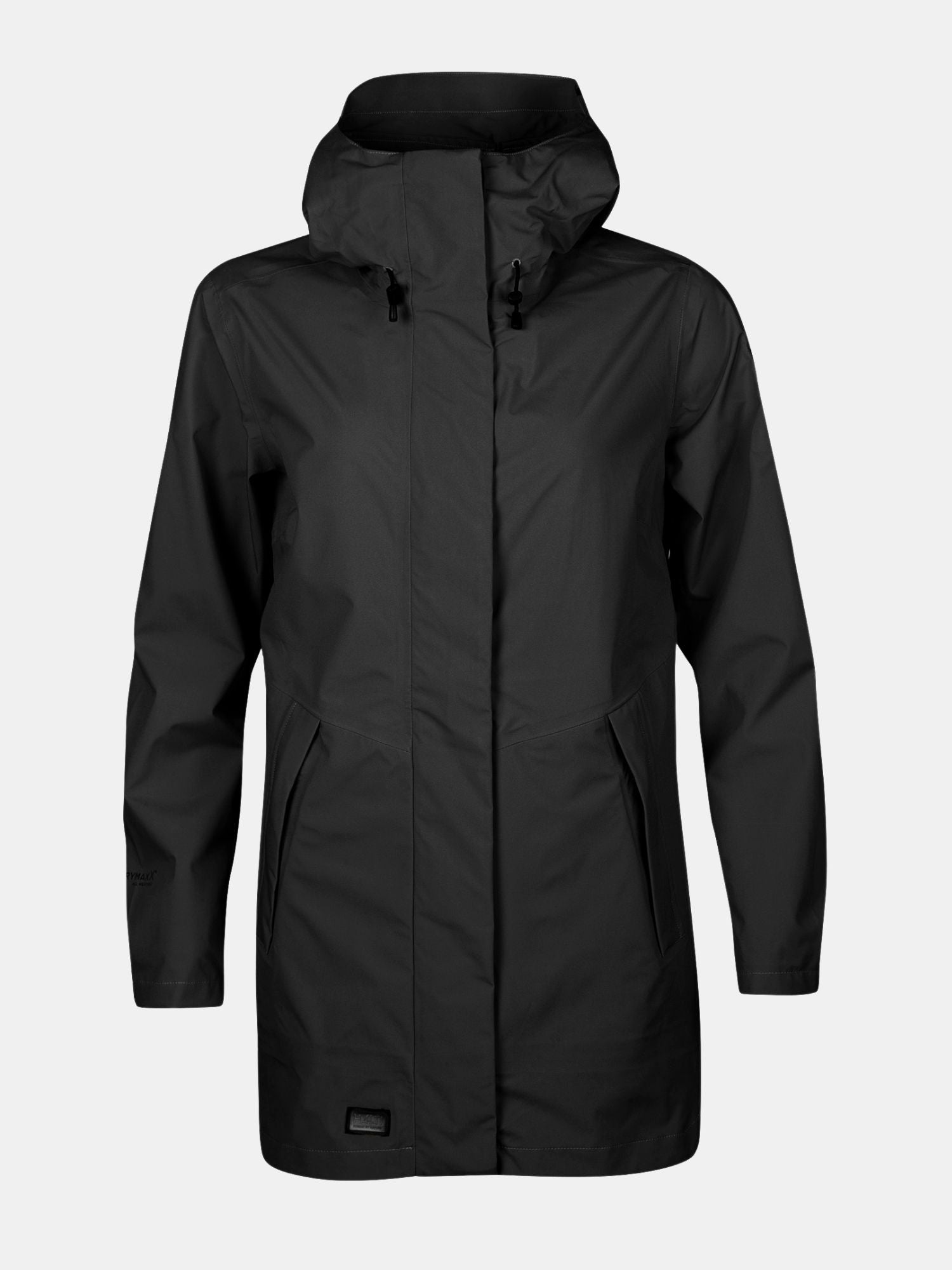 Halti Kurvi DrymaxX 3L Parka Jacka Dam i svart med huva, dragkedja, sidofickor och långa ärmar mot enfärgad bakgrund.