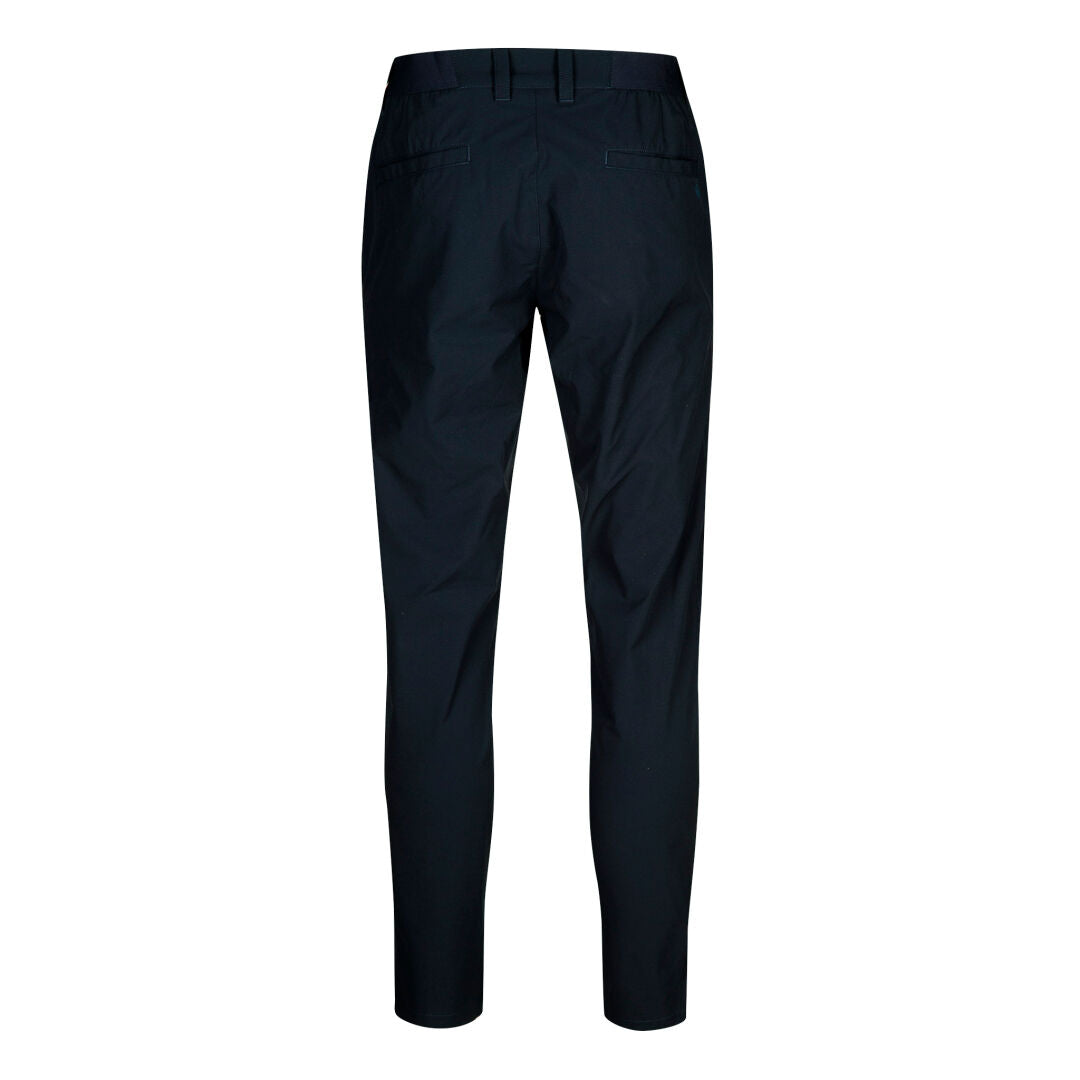 Svart Halti Drive X-stretch Chinos Herr med bälteshällor och passpoalfickor, mot en vit bakgrund.