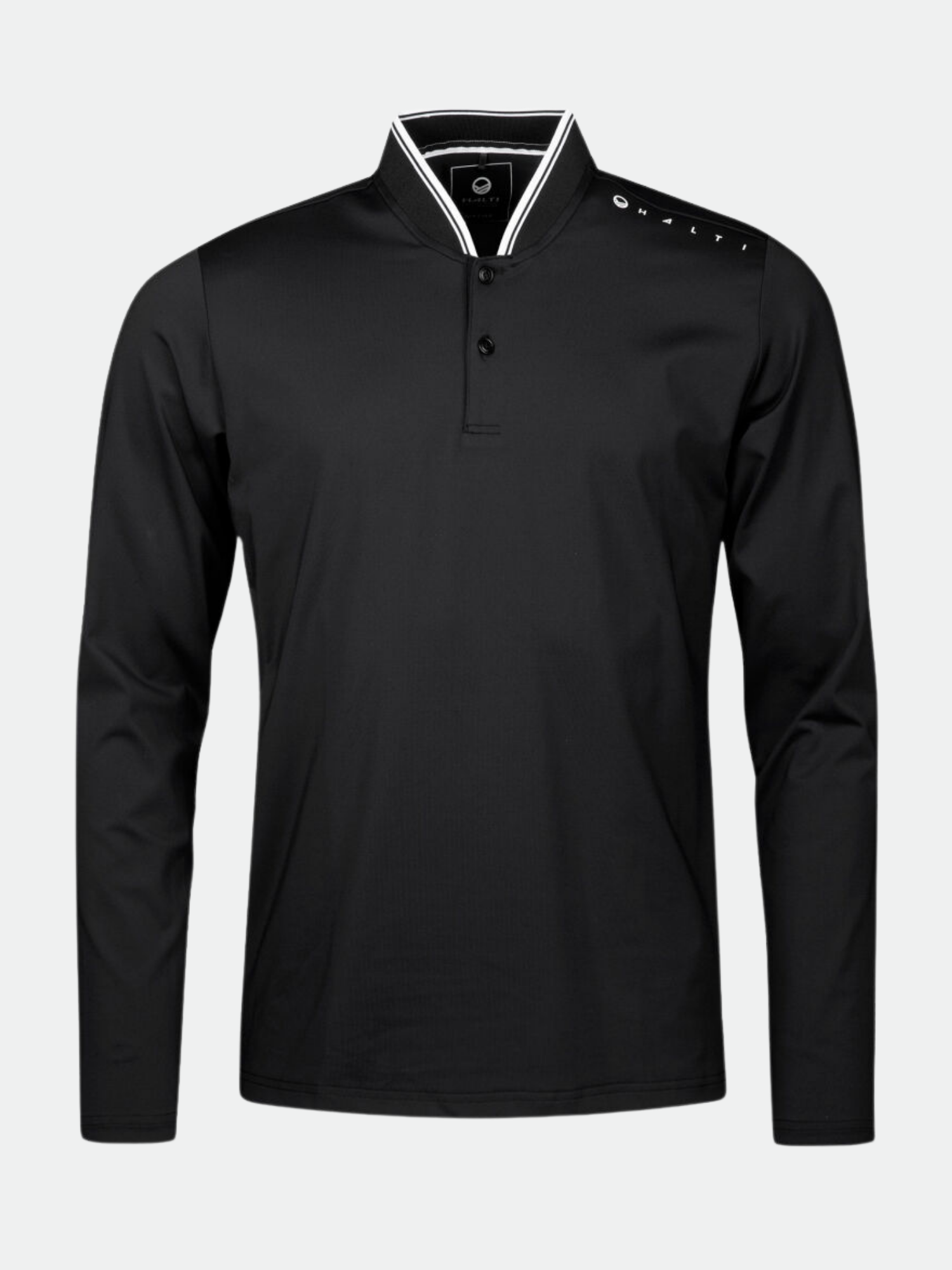 Halti Fairway Tröja Herr i svart, långärmad med kort knappslå och vitkantad krage mot enfärgad bakgrund.