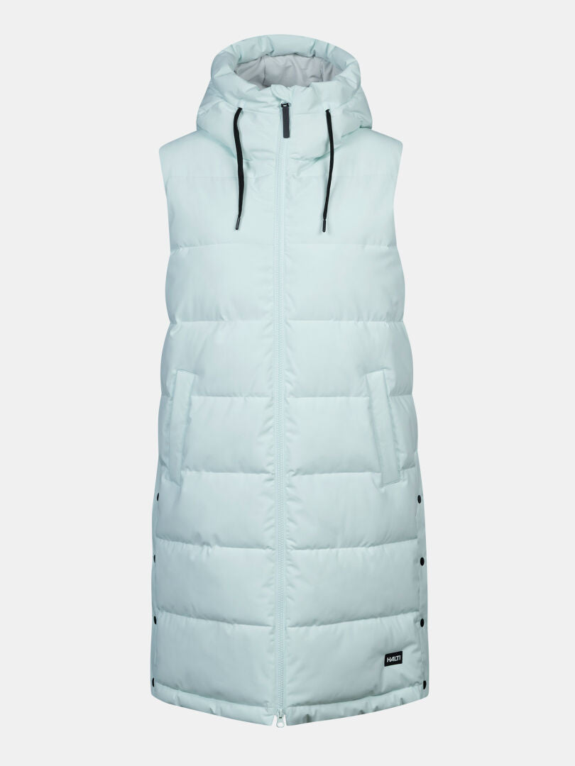 Halti Penger Puffer Väst Dam: ljusblå, ärmlös, DrymaxX® Lite, dragkedja framtill, sidfickor, svarta dragskor.
