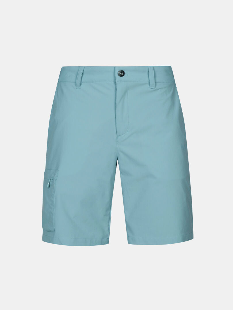 Halti Drive X-stretch Shorts Dam i ljusblått med knappstängning, bälteshällor och sidoficka på enfärgad bakgrund.