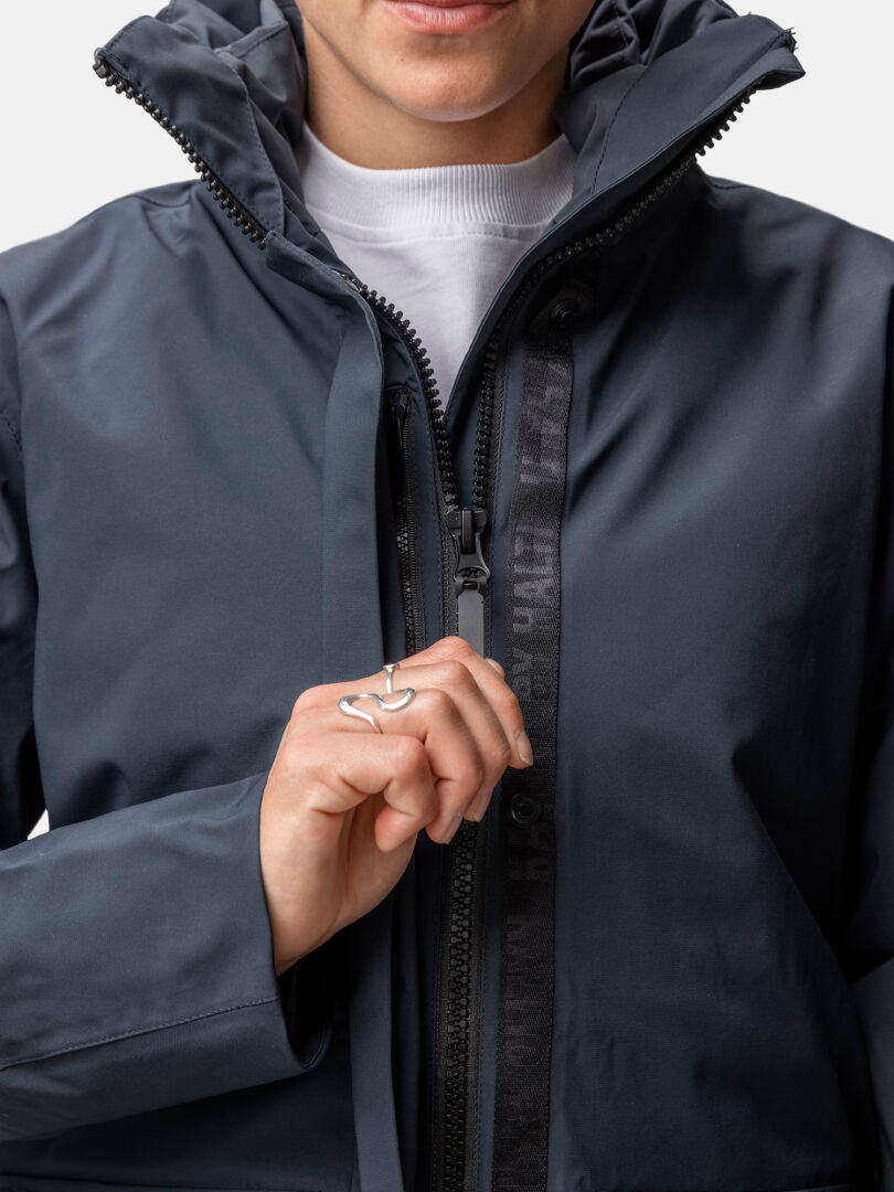 En mörkklädd Halti Synkas 3in1 DrymaxX Parka Dam med dragkedja, bär en silverring på pekfingret.