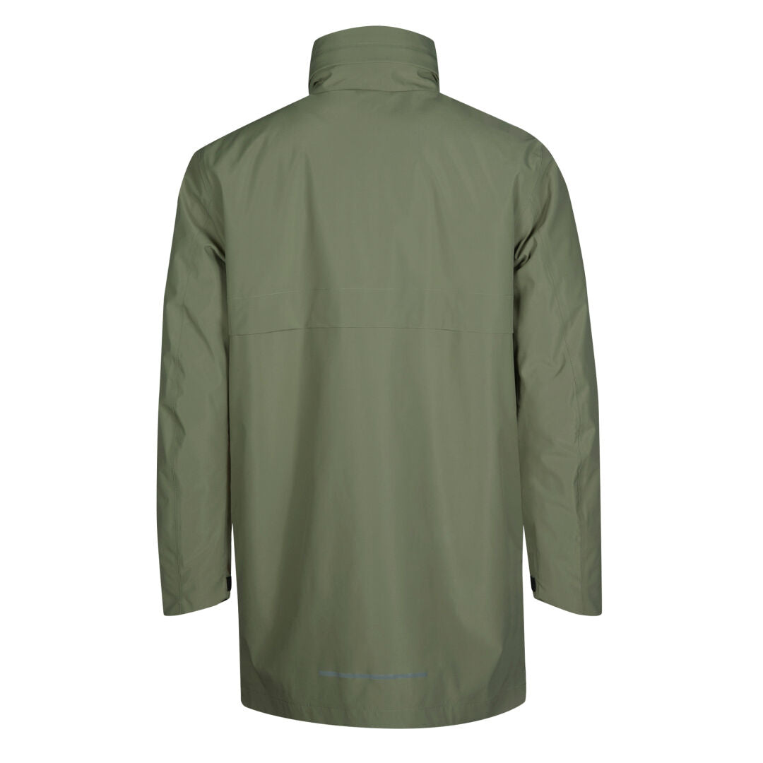 Baksidan av Halti Synkas 3in1 DrymaxX Parka Herr, olivgrön, långa ärmar, hög krage och rak fåll.
