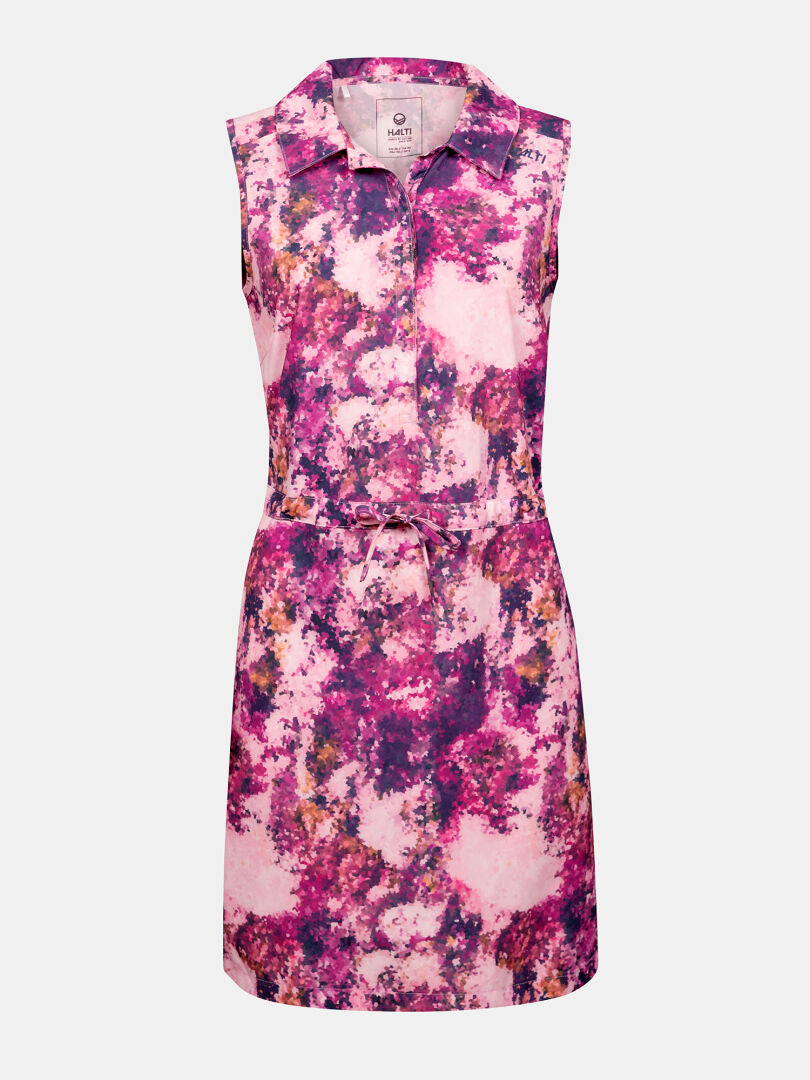 Halti Chipper X-stretch Klänning Dam: Ärmlös, rosa-lila abstrakt tryck, snabbtorkande tyg, skärp i midjan.