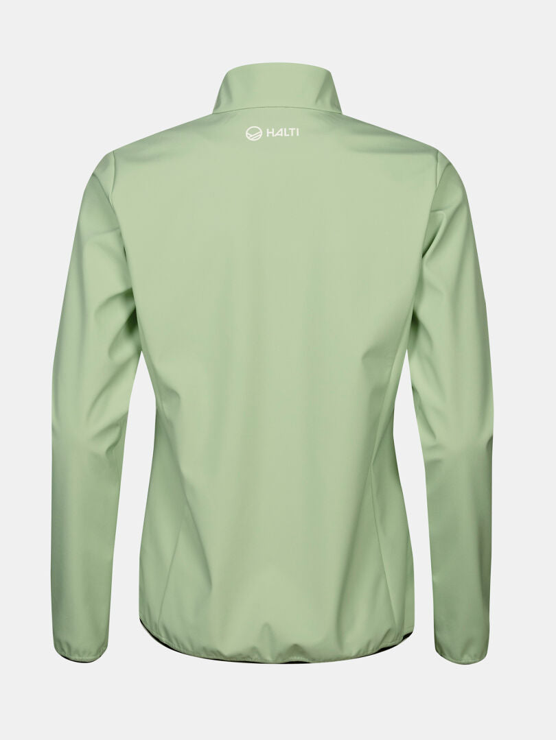 Halti Wedge Softshell Jacka Dam i ljusgrönt, sedd bakifrån, har en liten vit logotyp nära kragen.