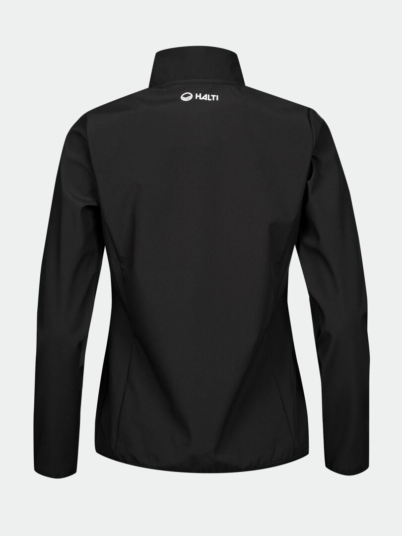 Halti Wedge Softshell Jacka Dam: svart, hittat, med Halti-logga vid kraften och tillverkad av återvunnet material.
