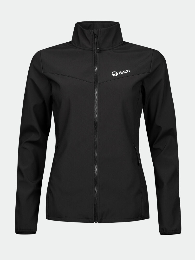 Halti Wedge Softshell Jacka Dam i svart, vindtät, långa ärmar, återvunna material, visad på en enkel bakgrund.